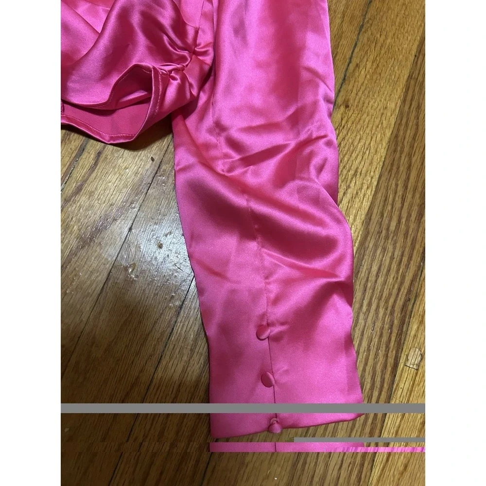 Spring + Mercer Pink Satin Twist Front Crop Top Long Sleeve V- Neck Blouse New L